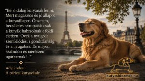 Boldog golden retriever pihen a párizsi Szajna partján az Eiffel-toronnyal a háttérben, Ady Endre kutyás idézetével