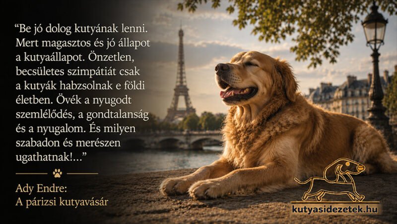 Boldog golden retriever pihen a párizsi Szajna partján az Eiffel-toronnyal a háttérben, Ady Endre kutyás idézetével