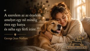 Mosolygó nő öleli golden retriever kutyáját egy meghitt otthoni környezetben, George Jean Nathan kutyás idézetével a szeretetről