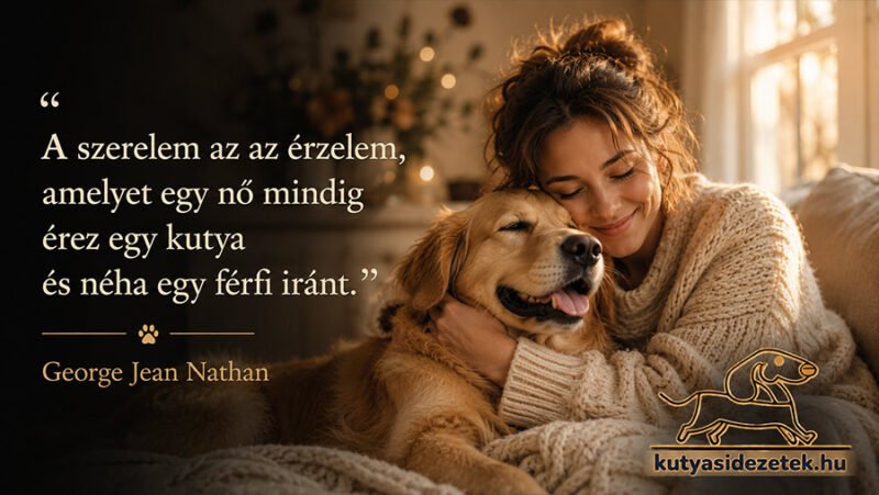 Mosolygó nő öleli golden retriever kutyáját egy meghitt otthoni környezetben, George Jean Nathan kutyás idézetével a szeretetről