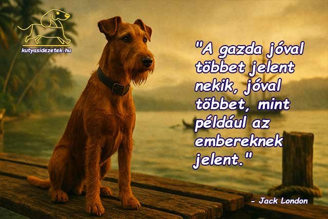 Ír terrier a tengerparton, trópusi háttérrel; büszke, szerethető kutya portré Jack London idézettel.