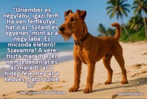 Büszke ír terrier a tengerparton pálmafákkal a háttérben Jack London idézettel.