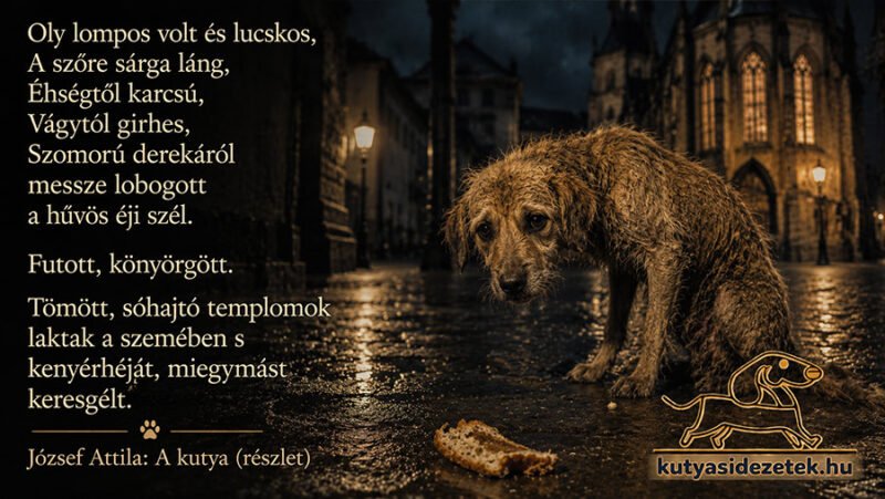 Esős utcán álló sovány, elhagyatott kutya kenyérhéj mellett, József Attila A kutya című versének részletével