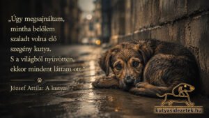 Esős utcán fekvő szomorú kiskutya József Attila A kutya című idézetével és kutyasidezetek.hu logóval