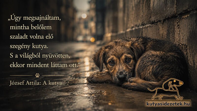 Esős utcán fekvő szomorú kiskutya József Attila A kutya című idézetével és kutyasidezetek.hu logóval