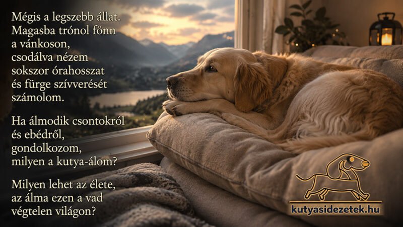 Golden retriever pihen puha párnákon az ablak mellett naplementében, megható kutyás idézettel az álmokról és szeretetről