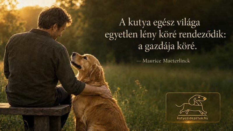Kutyás idézet kép Maurice Maeterlinck idézetével: A kutya egész világa egyetlen lény köré rendeződik: a gazdája köré.