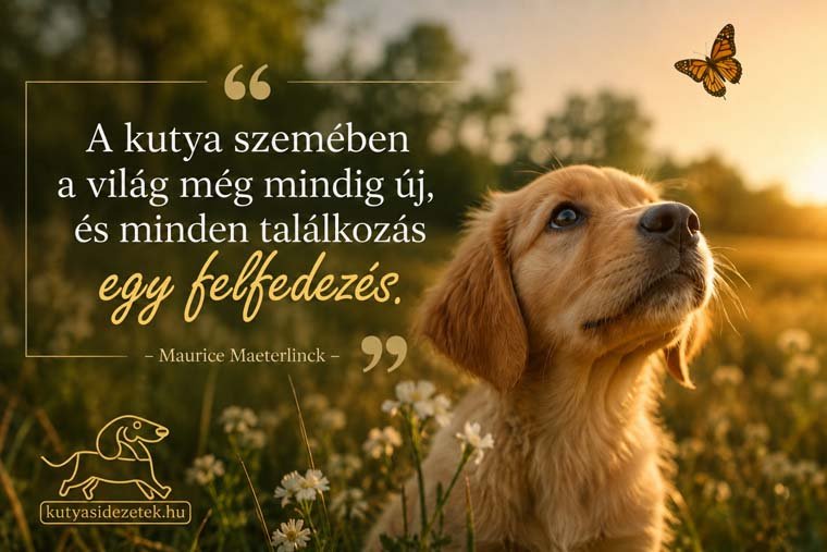 Kutyás idézet kép Maurice Maeterlinck idézetével: A kutya szemében a világ még mindig új, és minden találkozás egy felfedezés