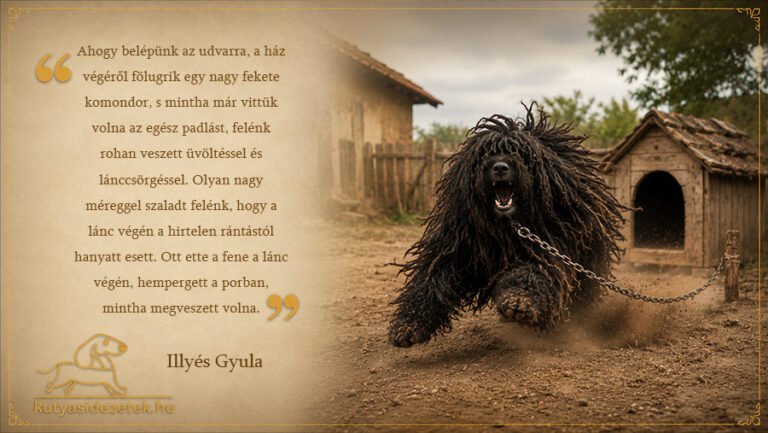 Ahogy belépünk az udvarra, a ház végéről fölugrik egy nagy fekete komondor, s mintha már vittük volna az egész padlást, felénk rohan veszett üvöltéssel és lánccsörgéssel. Olyan nagy méreggel szaladt felénk, hogy a lánc végén a hirtelen rántástól hanyatt esett. Ott ette a fene a lánc végén, hempergett a porban, mintha megveszett volna.