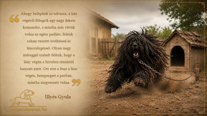 Kutyás idézet kép Illyés Gyula idézetével: Ahogy belépünk az udvarra, a ház végéről fölugrik egy nagy fekete komondor, s…