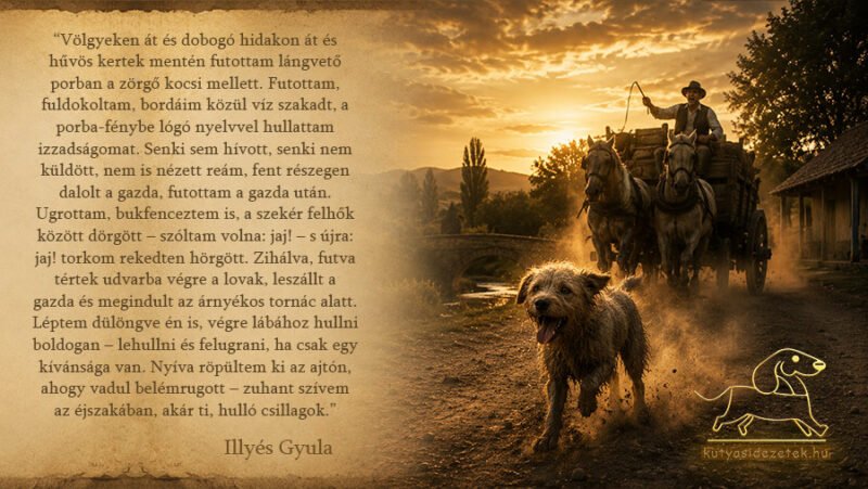 Kutyás idézet kép Illyés Gyula idézetével: Völgyeken át és dobogó hidakon át és hűvös kertek mentén futottam lángvető…