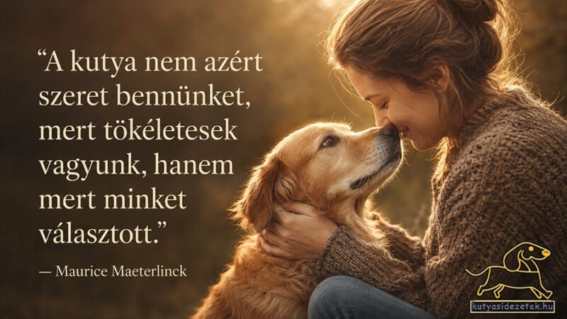 Nő és golden retriever gyengéd, szeretetteljes pillanatban egymás szemébe néznek, Maurice Maeterlinck kutyás idézetével