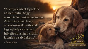 Idős golden retriever és kölyökkutya összebújva naplementében, megható kutyás idézettel a szeretetről, veszteségről és újrakezdésről