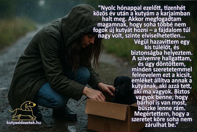 Fiatal nő egy kartondobozban talált, elázott kiskutyát emel fel egy esős, sötét estén.