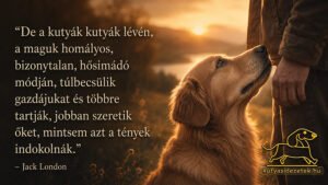 Golden retriever néz fel szeretettel gazdájára naplementében, Jack London kutyás idézetével az ember és kutya kapcsolatáról