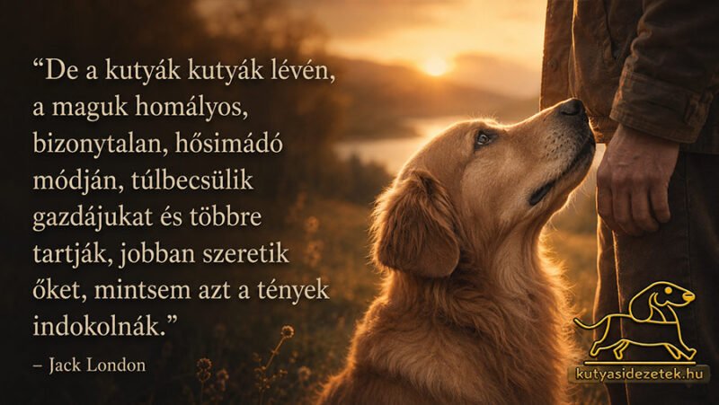Golden retriever néz fel szeretettel gazdájára naplementében, Jack London kutyás idézetével az ember és kutya kapcsolatáról
