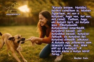 Fiatal nő kötéljátékkal játszik kutyájával naplementében – Bacher Iván „Kutyás lettem” idézet