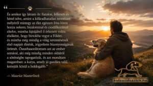 Férfi és golden retriever kutya ülnek együtt egy hegytetőn naplementében, Maurice Maeterlinck idézetével a kutyák boldogságáról és az ember–kutya kapcsolatról