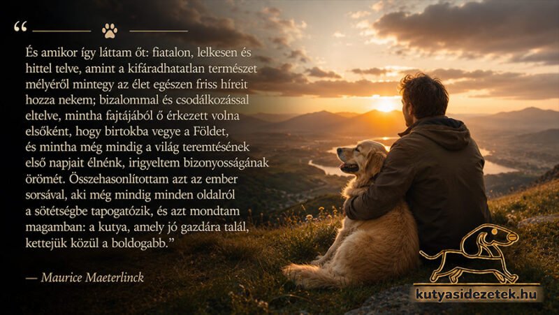 Férfi és golden retriever kutya ülnek együtt egy hegytetőn naplementében, Maurice Maeterlinck idézetével a kutyák boldogságáról és az ember–kutya kapcsolatról