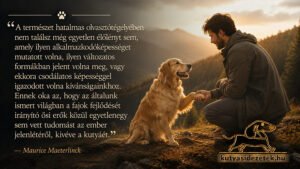 Gazda és golden retriever kutya pacsit adnak egymásnak hegyi tájban naplementekor, Maurice Maeterlinck idézetével az emberhez alkalmazkodó kutyáról