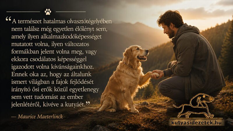 Gazda és golden retriever kutya pacsit adnak egymásnak hegyi tájban naplementekor, Maurice Maeterlinck idézetével az emberhez alkalmazkodó kutyáról