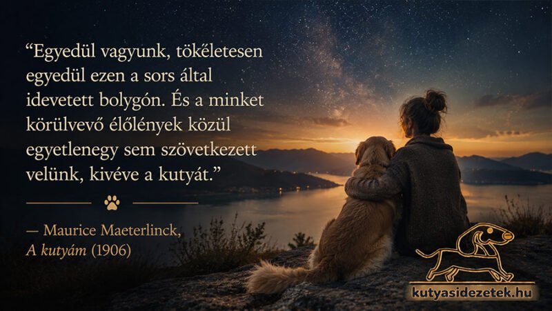 Nő és kutyája együtt nézik a csillagos égboltot egy hegytetőről, Maurice Maeterlinck idézetével az ember és kutya különleges kapcsolatáról