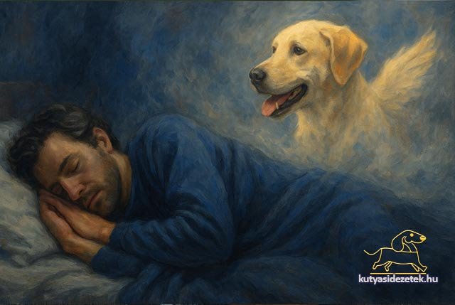 Alvó gazdi álmában megjelenő, fényből formálódó angyalszárnyas kutya – megnyugtató, megható emlékezés.