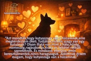Meleg hangulatú illusztráció kutyás idézettel, ahol egy kutya sziluettje egy otthon belsejében ül, körülötte szívecskék lebegnek. A kép a hála, hűség és feltétel nélküli szeretet érzését idézi.