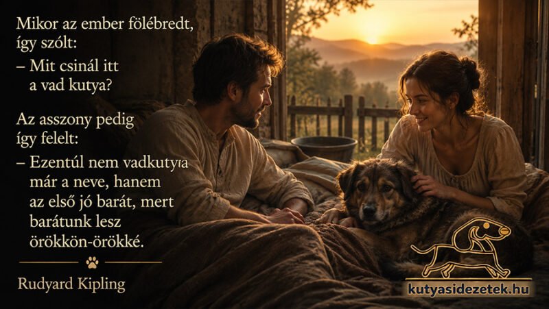 Férfi és nő kutyával egy meghitt szobában naplementében, Rudyard Kipling kutyás idézetével és kutyasidezetek.hu logóval