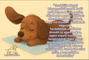 Alvó tacskókölyök puha takarón, lebegő fülekkel és békés arckifejezéssel, szeretetteljes hangulatú illusztráció