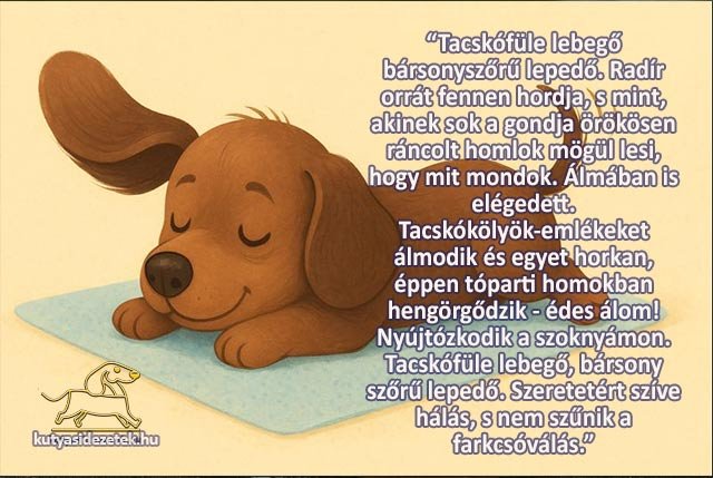 Alvó tacskókölyök puha takarón, lebegő fülekkel és békés arckifejezéssel, szeretetteljes hangulatú illusztráció